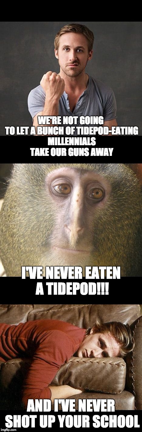 Ryan Gosling Monkey Conversation | WE'RE NOT GOING TO LET A BUNCH OF TIDEPOD-EATING MILLENNIALS TAKE OUR GUNS AWAY; I'VE NEVER EATEN A TIDEPOD!!! AND I'VE NEVER SHOT UP YOUR SCHOOL | image tagged in ryan gosling monkey conversation | made w/ Imgflip meme maker