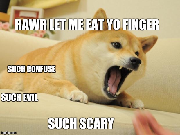 evil doge :-/ | RAWR LET ME EAT YO FINGER; SUCH CONFUSE; SUCH EVIL; SUCH SCARY | image tagged in evil,doge | made w/ Imgflip meme maker