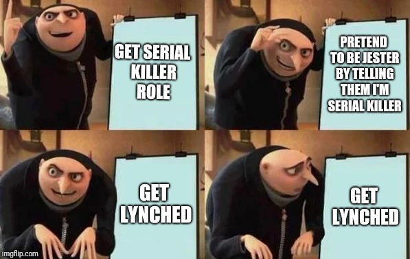 Gru's Plan Meme | GET SERIAL KILLER ROLE; PRETEND TO BE JESTER BY TELLING THEM I'M SERIAL KILLER; GET LYNCHED; GET LYNCHED | image tagged in gru's plan,gaming | made w/ Imgflip meme maker