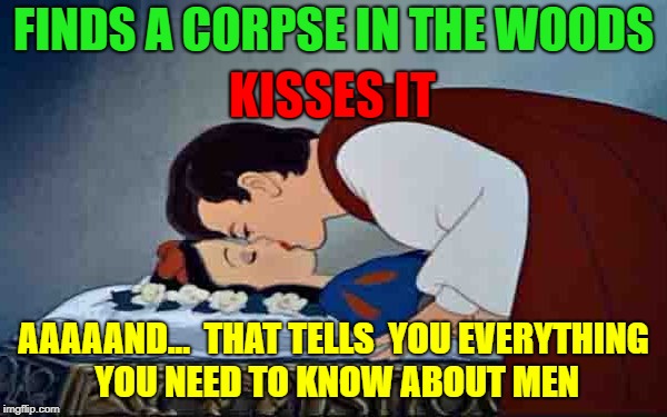 yes us men are pigs  | FINDS A CORPSE IN THE WOODS; KISSES IT; AAAAAND...  THAT TELLS  YOU EVERYTHING YOU NEED TO KNOW ABOUT MEN | image tagged in men,snow white | made w/ Imgflip meme maker