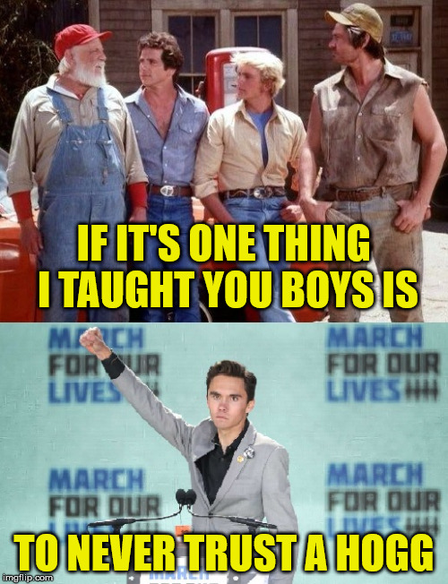 Dukes - Hogg | IF IT'S ONE THING I TAUGHT YOU BOYS IS; TO NEVER TRUST A HOGG | image tagged in dukes hogg,memes,david hogg,dukes of hazzard | made w/ Imgflip meme maker