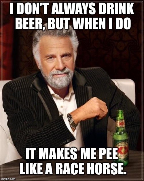 The Most Interesting Man In The World | I DON’T ALWAYS DRINK BEER, BUT WHEN I DO; IT MAKES ME PEE LIKE A RACE HORSE. | image tagged in memes,the most interesting man in the world | made w/ Imgflip meme maker