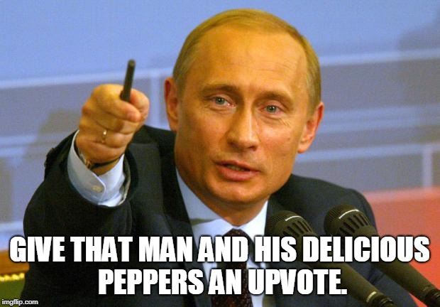 Good Guy Putin Meme | GIVE THAT MAN AND HIS DELICIOUS PEPPERS AN UPVOTE. | image tagged in memes,good guy putin | made w/ Imgflip meme maker