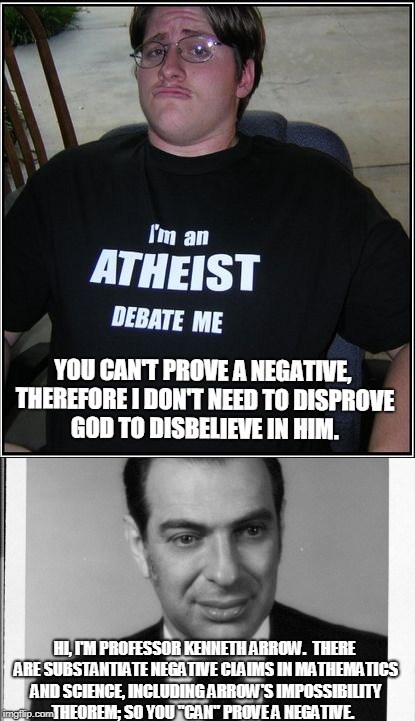 Negatives Need Proof! | YOU CAN'T PROVE A NEGATIVE, THEREFORE I DON'T NEED TO DISPROVE GOD TO DISBELIEVE IN HIM. HI, I'M PROFESSOR KENNETH ARROW.  THERE ARE SUBSTANTIATE NEGATIVE CLAIMS IN MATHEMATICS AND SCIENCE, INCLUDING ARROW'S IMPOSSIBILITY THEOREM; SO YOU "CAN" PROVE A NEGATIVE. | image tagged in logic,debate,illogical,memes | made w/ Imgflip meme maker