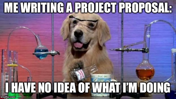 Chemistry Dog | ME WRITING A PROJECT PROPOSAL:; I HAVE NO IDEA OF WHAT I’M DOING | image tagged in chemistry dog | made w/ Imgflip meme maker