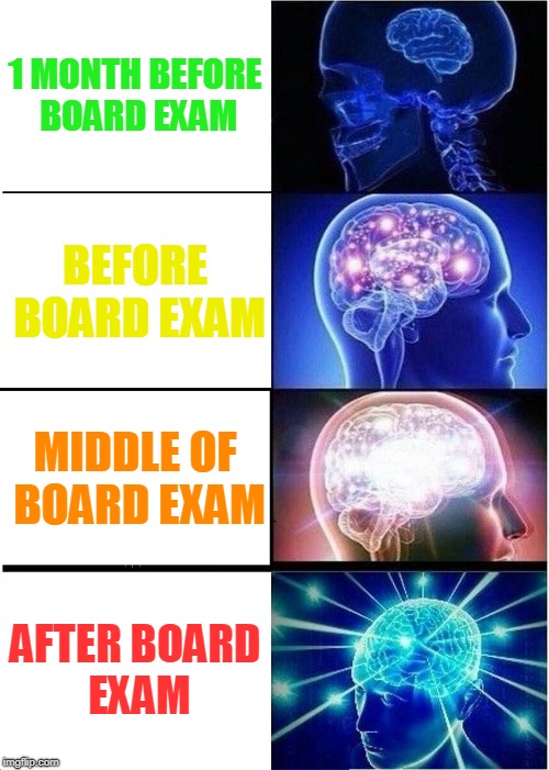 Expanding Brain | 1 MONTH BEFORE BOARD EXAM; BEFORE BOARD EXAM; MIDDLE OF BOARD EXAM; AFTER BOARD EXAM | image tagged in memes,expanding brain | made w/ Imgflip meme maker