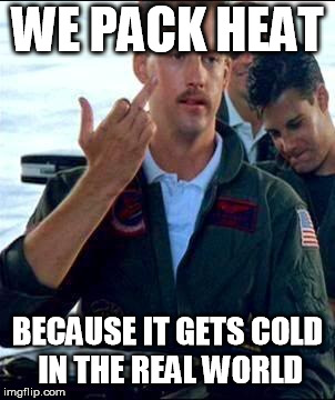 Top Gun | WE PACK HEAT; BECAUSE IT GETS COLD IN THE REAL WORLD | image tagged in top gun | made w/ Imgflip meme maker