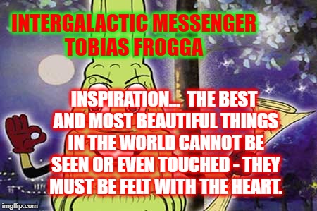 INTERGALACTIC MESSENGER TOBIAS FROGGA | INTERGALACTIC MESSENGER TOBIAS FROGGA; INSPIRATION…  THE BEST AND MOST BEAUTIFUL THINGS IN THE WORLD CANNOT BE SEEN OR EVEN TOUCHED - THEY MUST BE FELT WITH THE HEART. | image tagged in inspirational quote,inspiration,positive thinking,creativity,hope and change,deep thoughts | made w/ Imgflip meme maker