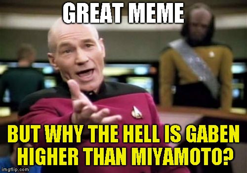 Picard Wtf Meme | GREAT MEME BUT WHY THE HELL IS GABEN HIGHER THAN MIYAMOTO? | image tagged in memes,picard wtf | made w/ Imgflip meme maker