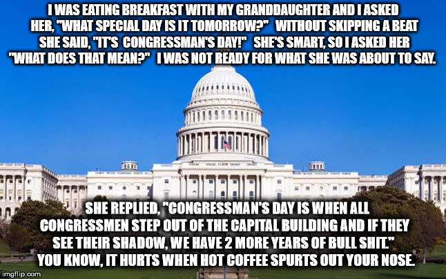 I WAS EATING BREAKFAST WITH MY GRANDDAUGHTER AND I ASKED HER, "WHAT SPECIAL DAY IS IT TOMORROW?"


WITHOUT SKIPPING A BEAT SHE SAID, "IT'S  CONGRESSMAN'S DAY!"
 
SHE'S SMART, SO I ASKED HER "WHAT DOES THAT MEAN?"
 
I WAS NOT READY FOR WHAT SHE WAS ABOUT TO SAY. SHE REPLIED, "CONGRESSMAN'S DAY IS WHEN ALL CONGRESSMEN STEP OUT OF THE CAPITAL BUILDING AND IF THEY SEE THEIR SHADOW, WE HAVE 2 MORE YEARS OF BULL SHIT."
 
YOU KNOW, IT HURTS WHEN HOT COFFEE SPURTS OUT YOUR NOSE. | image tagged in congress | made w/ Imgflip meme maker