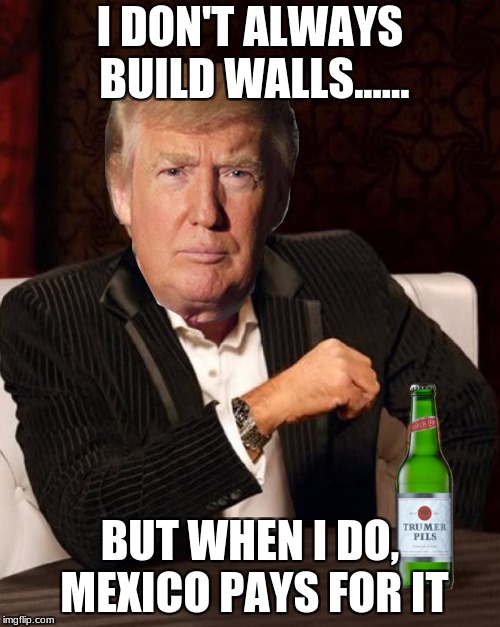 Donald Trump Most Interesting Man In The World (I Don't Always) | I DON'T ALWAYS BUILD WALLS...... BUT WHEN I DO, MEXICO PAYS FOR IT | image tagged in donald trump most interesting man in the world i don't always | made w/ Imgflip meme maker