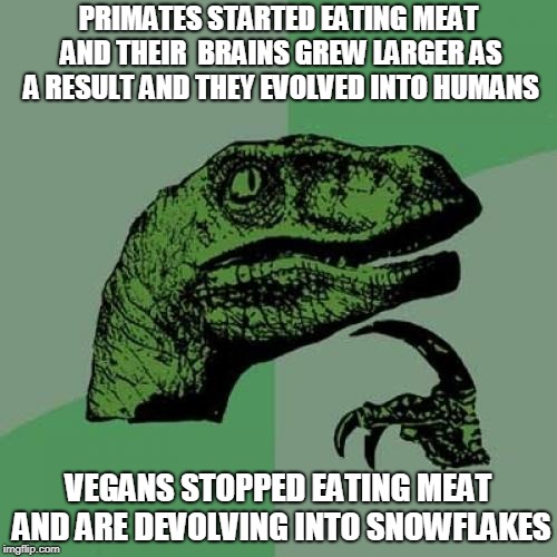 Do You Want To Be A Snowflake? Because That's How You Become A Snowflake | PRIMATES STARTED EATING MEAT AND THEIR  BRAINS GREW LARGER AS A RESULT AND THEY EVOLVED INTO HUMANS; VEGANS STOPPED EATING MEAT AND ARE DEVOLVING INTO SNOWFLAKES | image tagged in memes,philosoraptor,snowflakes,evolution,vegans,meat | made w/ Imgflip meme maker