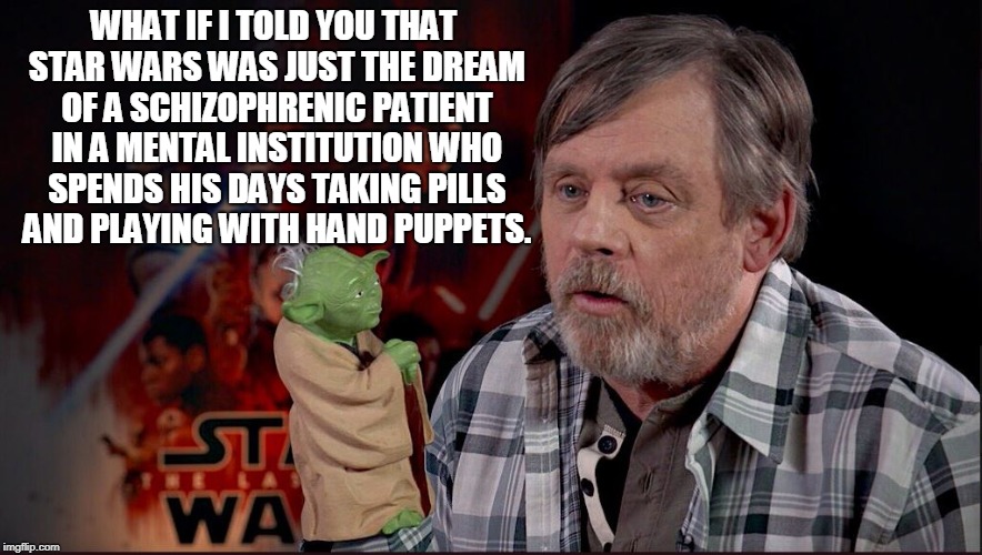 "Luke, I Am Your Delusion!" | WHAT IF I TOLD YOU THAT STAR WARS WAS JUST THE DREAM OF A SCHIZOPHRENIC PATIENT IN A MENTAL INSTITUTION WHO SPENDS HIS DAYS TAKING PILLS AND PLAYING WITH HAND PUPPETS. | image tagged in memes,luke skywalker,star wars,yoda,star wars week,puppets | made w/ Imgflip meme maker