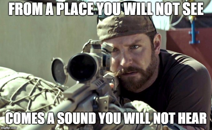 sniper | FROM A PLACE YOU WILL NOT SEE; COMES A SOUND YOU WILL NOT HEAR | image tagged in sniper,gun,war | made w/ Imgflip meme maker