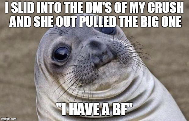 Awkward Moment Sealion Meme | I SLID INTO THE DM'S OF MY CRUSH AND SHE OUT PULLED THE BIG ONE; "I HAVE A BF" | image tagged in memes,awkward moment sealion | made w/ Imgflip meme maker