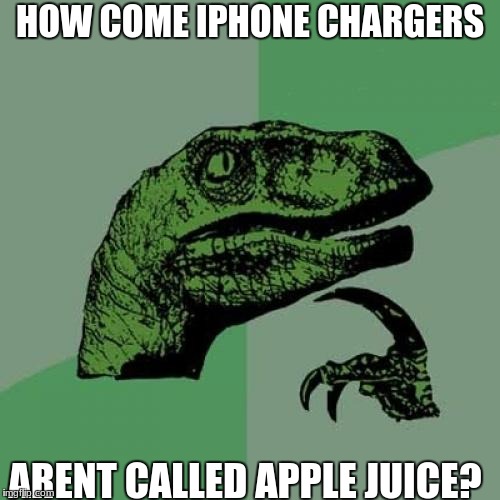 Philosoraptor | HOW COME IPHONE CHARGERS; ARENT CALLED APPLE JUICE? | image tagged in memes,philosoraptor | made w/ Imgflip meme maker