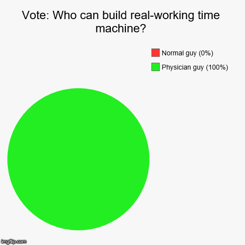 Vote: Who can build real-working time machine? | Physician guy (100%), Normal guy (0%) | image tagged in funny,pie charts | made w/ Imgflip chart maker