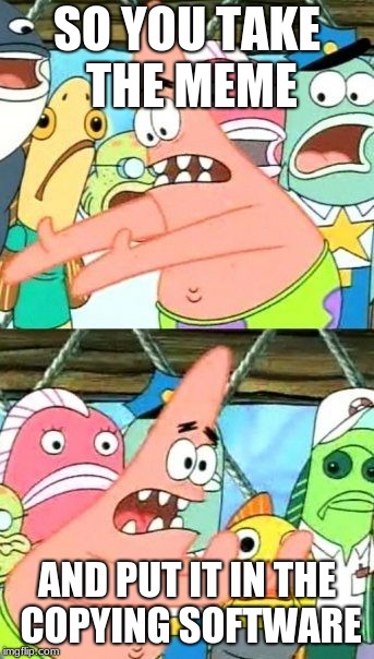 Put It Somewhere Else Patrick | SO YOU TAKE THE MEME; AND PUT IT IN THE COPYING SOFTWARE | image tagged in memes,put it somewhere else patrick | made w/ Imgflip meme maker