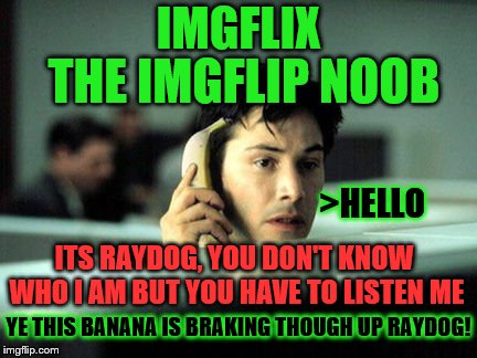 Banana signal, it splits the airwaves | IMGFLIX; THE IMGFLIP NOOB; >HELLO; ITS RAYDOG, YOU DON'T KNOW WHO I AM BUT YOU HAVE TO LISTEN ME; YE THIS BANANA IS BRAKING THOUGH UP RAYDOG! | image tagged in welcome to the matrix | made w/ Imgflip meme maker