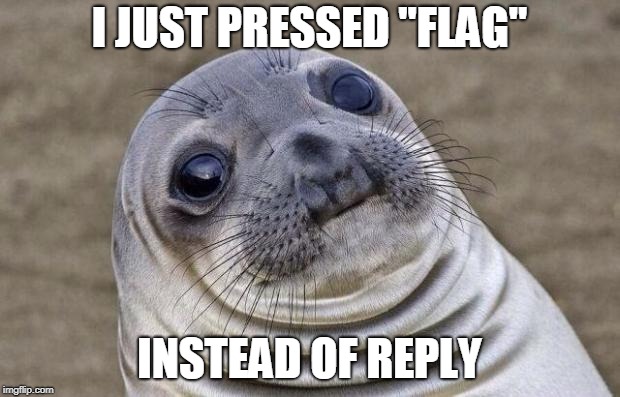 Awkward Moment Sealion Meme | I JUST PRESSED "FLAG"; INSTEAD OF REPLY | image tagged in memes,awkward moment sealion | made w/ Imgflip meme maker