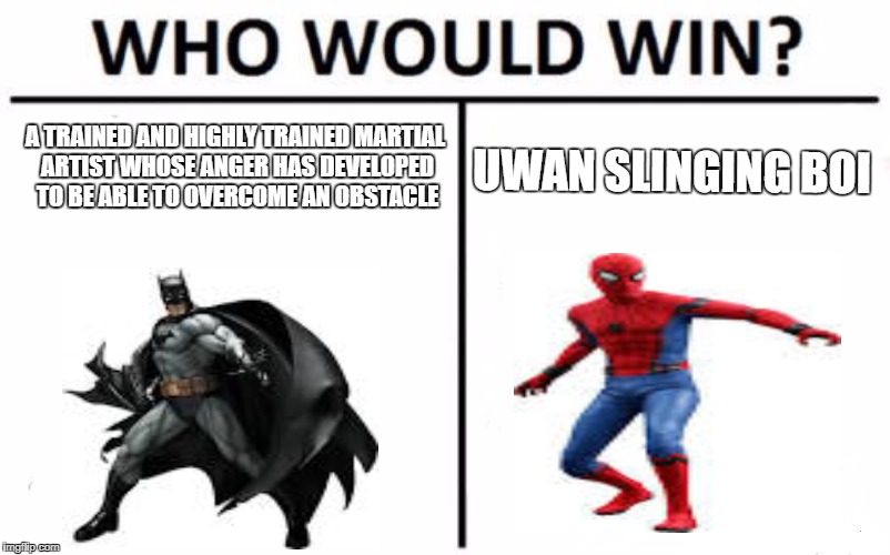 Who Would Win? Meme | A TRAINED AND HIGHLY TRAINED MARTIAL ARTIST WHOSE ANGER HAS DEVELOPED TO BE ABLE TO OVERCOME AN OBSTACLE; UWAN SLINGING BOI | image tagged in memes,who would win | made w/ Imgflip meme maker