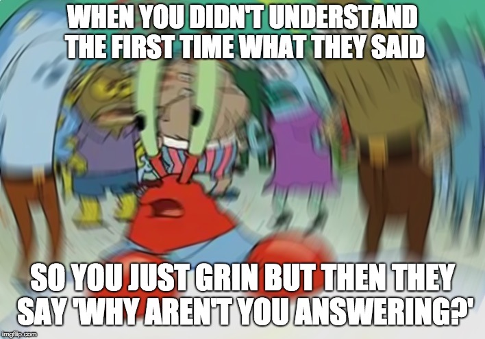 Mr Krabs Blur Meme Meme | WHEN YOU DIDN'T UNDERSTAND THE FIRST TIME WHAT THEY SAID; SO YOU JUST GRIN BUT THEN THEY SAY 'WHY AREN'T YOU ANSWERING?' | image tagged in memes,mr krabs blur meme | made w/ Imgflip meme maker