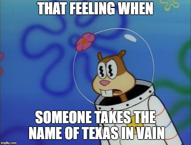 Sandy Cheeks Peeved |  THAT FEELING WHEN; SOMEONE TAKES THE NAME OF TEXAS IN VAIN | image tagged in sandy cheeks peeved,scumbag texas,spongebob,texas spongebob | made w/ Imgflip meme maker