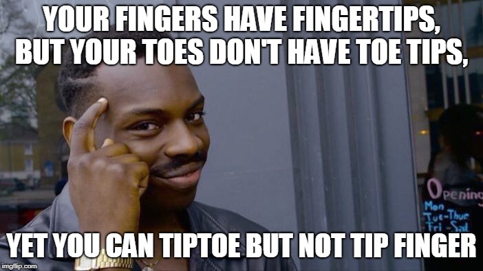 Roll Safe Think About It Meme | YOUR FINGERS HAVE FINGERTIPS, BUT YOUR TOES DON'T HAVE TOE TIPS, YET YOU CAN TIPTOE BUT NOT TIP FINGER | image tagged in memes,roll safe think about it | made w/ Imgflip meme maker