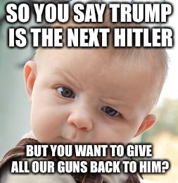 Skeptical Baby | SO YOU SAY TRUMP IS THE NEXT HITLER; BUT YOU WANT TO GIVE ALL OUR GUNS BACK TO HIM? | image tagged in memes,skeptical baby | made w/ Imgflip meme maker