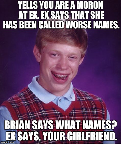 Bad Luck Brian | YELLS YOU ARE A MORON AT EX. EX SAYS THAT SHE HAS BEEN CALLED WORSE NAMES. BRIAN SAYS WHAT NAMES? EX SAYS, YOUR GIRLFRIEND. | image tagged in memes,bad luck brian | made w/ Imgflip meme maker