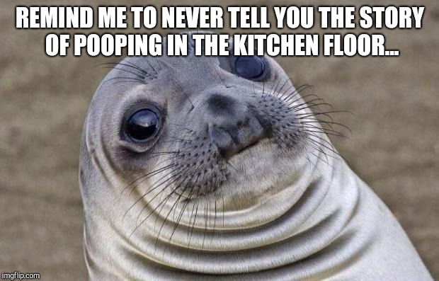 Awkward Moment Sealion Meme | REMIND ME TO NEVER TELL YOU THE STORY OF POOPING IN THE KITCHEN FLOOR... | image tagged in memes,awkward moment sealion | made w/ Imgflip meme maker