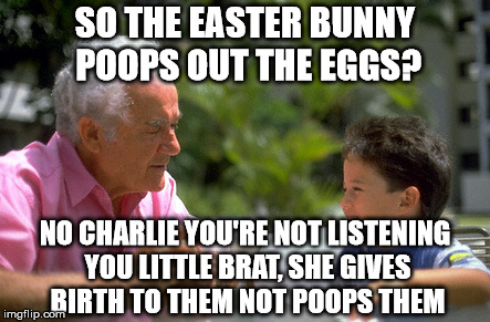 SO THE EASTER BUNNY POOPS OUT THE EGGS? NO CHARLIE YOU'RE NOT LISTENING YOU LITTLE BRAT, SHE GIVES BIRTH TO THEM NOT POOPS THEM | made w/ Imgflip meme maker