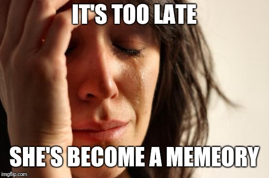 First World Problems Meme | IT'S TOO LATE SHE'S BECOME A MEMEORY | image tagged in memes,first world problems | made w/ Imgflip meme maker