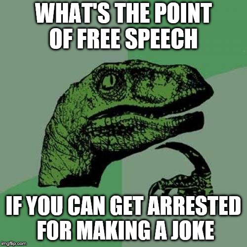 Philosoraptor | WHAT'S THE POINT OF FREE SPEECH; IF YOU CAN GET ARRESTED FOR MAKING A JOKE | image tagged in memes,philosoraptor | made w/ Imgflip meme maker