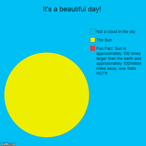 Now that's HOT!! | It's a beautiful day! | Fun Fact: Sun is approximately 100 times larger than the earth and approximately 100million miles away, now thats HO | image tagged in funny,pie charts,sun,fact,facts | made w/ Imgflip chart maker