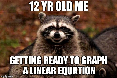 Its called evil PLOTTING raccoon for a reason... | 12 YR OLD ME; GETTING READY TO GRAPH A LINEAR EQUATION | image tagged in memes,evil plotting raccoon | made w/ Imgflip meme maker