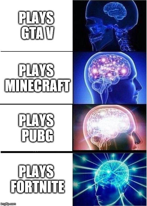 Expanding Brain Meme | PLAYS GTA V; PLAYS MINECRAFT; PLAYS PUBG; PLAYS FORTNITE | image tagged in memes,expanding brain | made w/ Imgflip meme maker