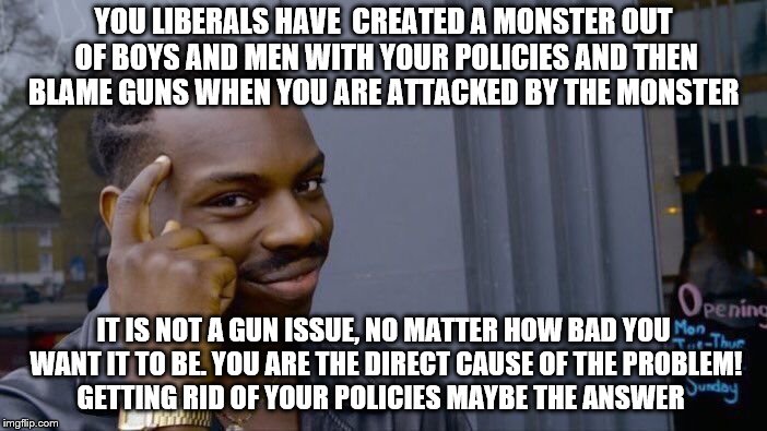 Roll Safe Think About It Meme | YOU LIBERALS HAVE  CREATED A MONSTER OUT OF BOYS AND MEN WITH YOUR POLICIES AND THEN BLAME GUNS WHEN YOU ARE ATTACKED BY THE MONSTER; IT IS NOT A GUN ISSUE, NO MATTER HOW BAD YOU WANT IT TO BE. YOU ARE THE DIRECT CAUSE OF THE PROBLEM!   GETTING RID OF YOUR POLICIES MAYBE THE ANSWER | image tagged in memes,roll safe think about it | made w/ Imgflip meme maker