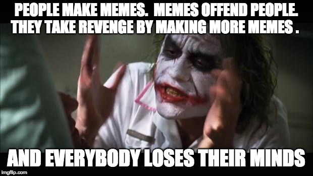 And everybody loses their minds | PEOPLE MAKE MEMES.  MEMES OFFEND PEOPLE.  THEY TAKE REVENGE BY MAKING MORE MEMES
. AND EVERYBODY LOSES THEIR MINDS | image tagged in memes,and everybody loses their minds | made w/ Imgflip meme maker