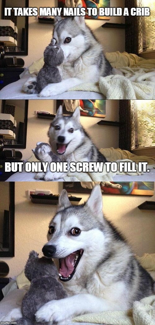 Bad Pun Dog Meme | IT TAKES MANY NAILS TO BUILD A CRIB; BUT ONLY ONE SCREW TO FILL IT. | image tagged in memes,bad pun dog | made w/ Imgflip meme maker