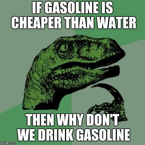 Philosoraptor | IF GASOLINE IS CHEAPER THAN WATER; THEN WHY DON'T WE DRINK GASOLINE | image tagged in memes,philosoraptor | made w/ Imgflip meme maker