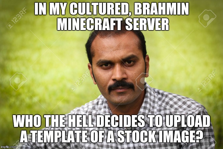 seriously, this is not okay | IN MY CULTURED, BRAHMIN MINECRAFT SERVER; WHO THE HELL DECIDES TO UPLOAD A TEMPLATE OF A STOCK IMAGE? | image tagged in arbitrarily serious indian man,indian,memes | made w/ Imgflip meme maker