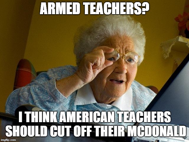 Grandma Finds The Internet Meme | ARMED TEACHERS? I THINK AMERICAN TEACHERS SHOULD CUT OFF THEIR MCDONALD | image tagged in memes,grandma finds the internet | made w/ Imgflip meme maker