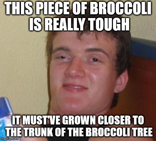 10 Guy Meme | THIS PIECE OF BROCCOLI IS REALLY TOUGH; IT MUST'VE GROWN CLOSER TO THE TRUNK OF THE BROCCOLI TREE | image tagged in memes,10 guy | made w/ Imgflip meme maker