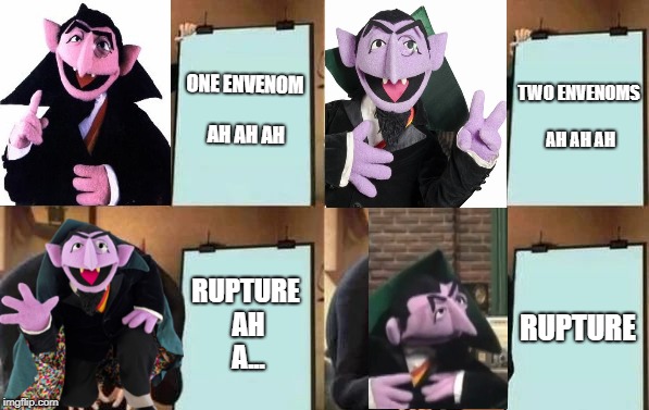 Gru's Plan Meme | ONE ENVENOM AH AH AH; TWO ENVENOMS AH AH AH; RUPTURE; RUPTURE AH A... | image tagged in gru's plan | made w/ Imgflip meme maker