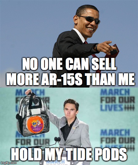 Hogg pods | NO ONE CAN SELL MORE AR-15S THAN ME; HOLD MY TIDE PODS | image tagged in david hogg,tide pods,guns,ar-15,nra | made w/ Imgflip meme maker