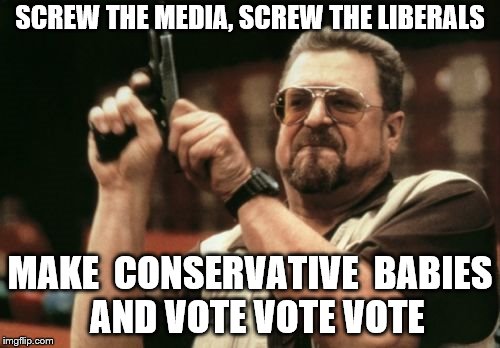Am I The Only One Around Here Meme | SCREW THE MEDIA, SCREW THE LIBERALS; MAKE  CONSERVATIVE  BABIES  AND VOTE VOTE VOTE | image tagged in memes,am i the only one around here | made w/ Imgflip meme maker