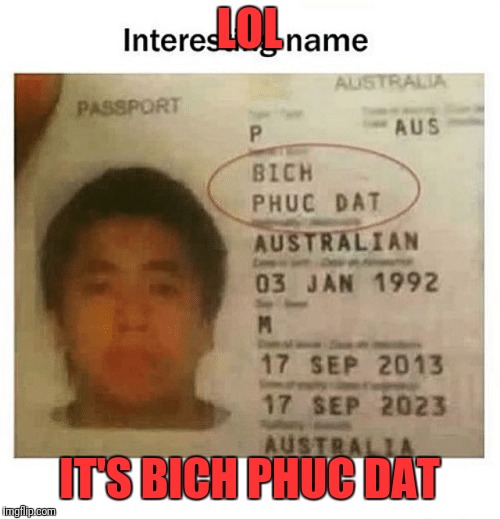 Passport |  LOL; IT'S BICH PHUC DAT | image tagged in memes,funny,dank,passport,lol | made w/ Imgflip meme maker
