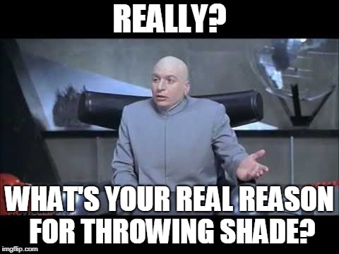 dr evil throw me a bone | REALLY? WHAT'S YOUR REAL REASON FOR THROWING SHADE? | image tagged in dr evil throw me a bone | made w/ Imgflip meme maker