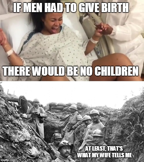 IF MEN HAD TO GIVE BIRTH | IF MEN HAD TO GIVE BIRTH; THERE WOULD BE NO CHILDREN; AT LEAST, THAT'S WHAT MY WIFE TELLS ME | image tagged in men giving birth,no babies | made w/ Imgflip meme maker